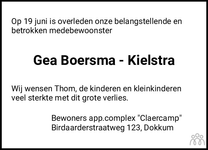 Overlijdensbericht van Gaitske Hiske (Gea) Boersma-Kielstra in Dockumer Courant
