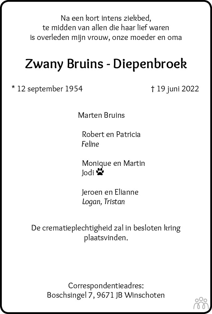 Overlijdensbericht van Zwany Bruins-Diepenbroek in Dagblad van het Noorden