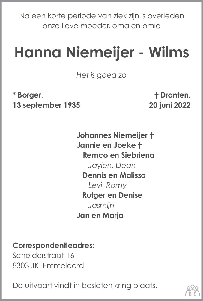 Overlijdensbericht van Hanna Niemeijer-Wilms in Flevopost Dronten