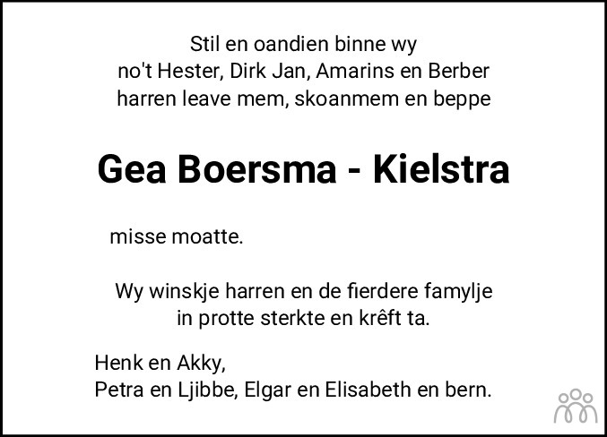 Overlijdensbericht van Gaitske Hiske (Gea) Boersma-Kielstra in Friesch Dagblad