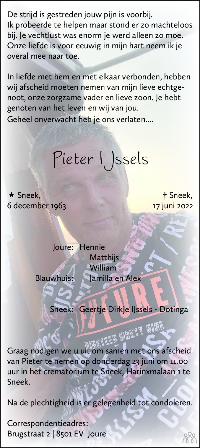 Overlijdensbericht van Pieter IJssels in Leeuwarder Courant