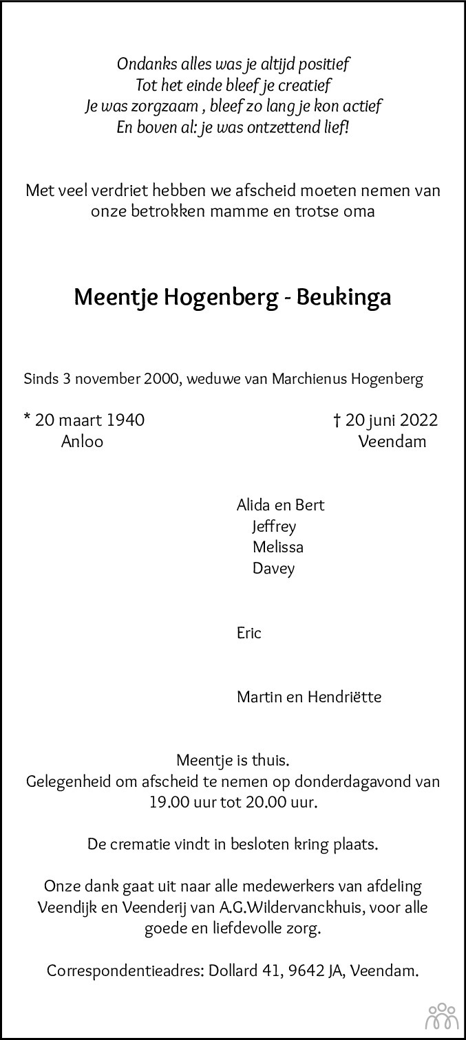 Overlijdensbericht van Meentje Hogenberg-Beukinga in Dagblad van het Noorden