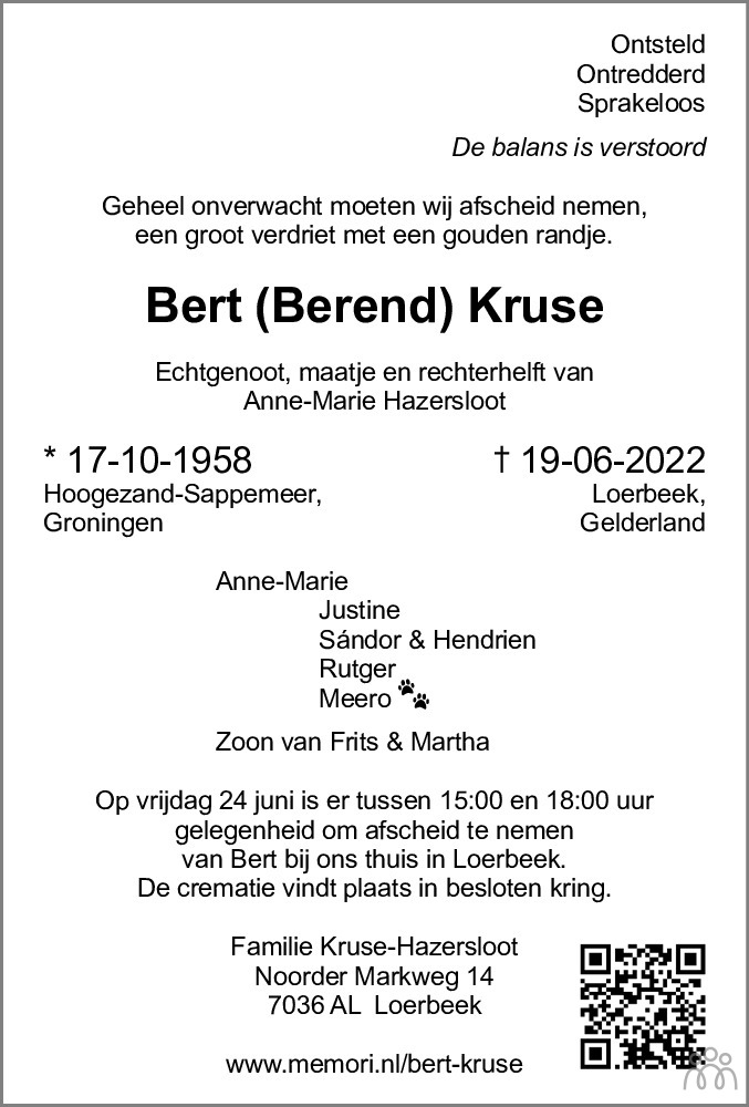 Overlijdensbericht van Bert (Berend) Kruse in Dagblad van het Noorden