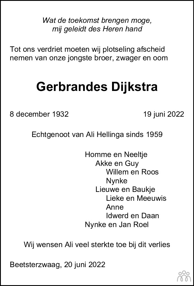 Overlijdensbericht van Gerbrandes Dijkstra in Leeuwarder Courant