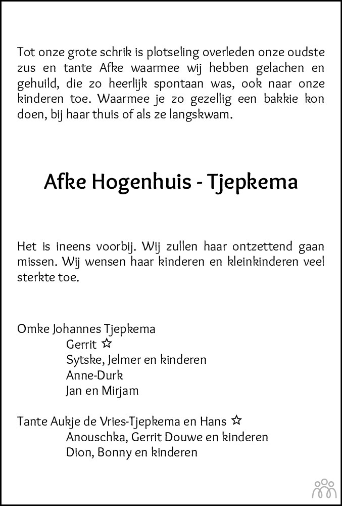Overlijdensbericht van Afke Hogenhuis-Tjepkema in Leeuwarder Courant