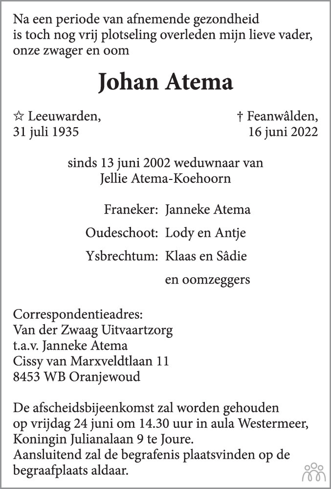 Overlijdensbericht van Johan Atema in Leeuwarder Courant