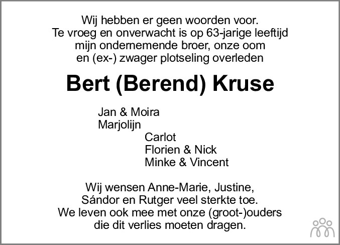 Overlijdensbericht van Bert (Berend) Kruse in Dagblad van het Noorden
