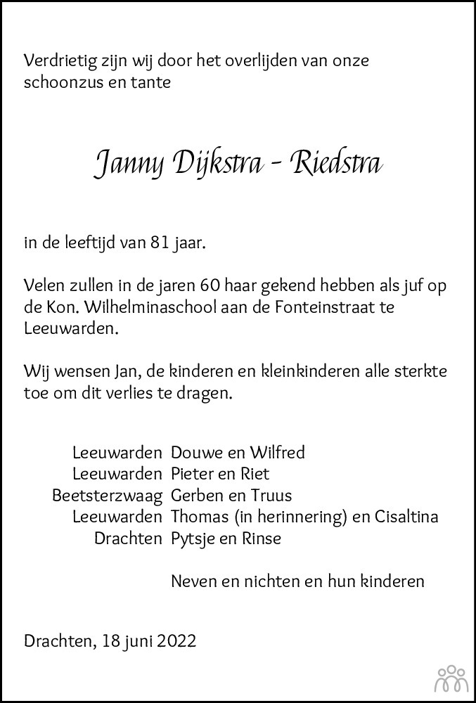 Overlijdensbericht van Jantje Dijkstra-Riedstra in Leeuwarder Courant