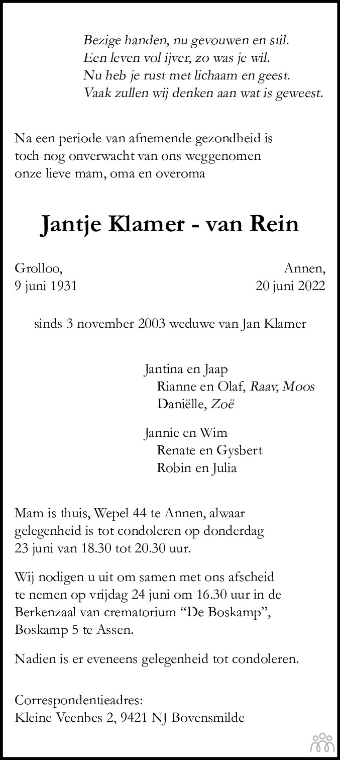 Overlijdensbericht van Jantje Klamer-van Rein in Dagblad van het Noorden
