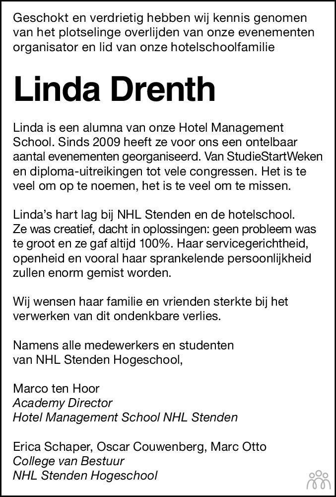 Overlijdensbericht van Linda Drenth-Bosma in Dagblad van het Noorden