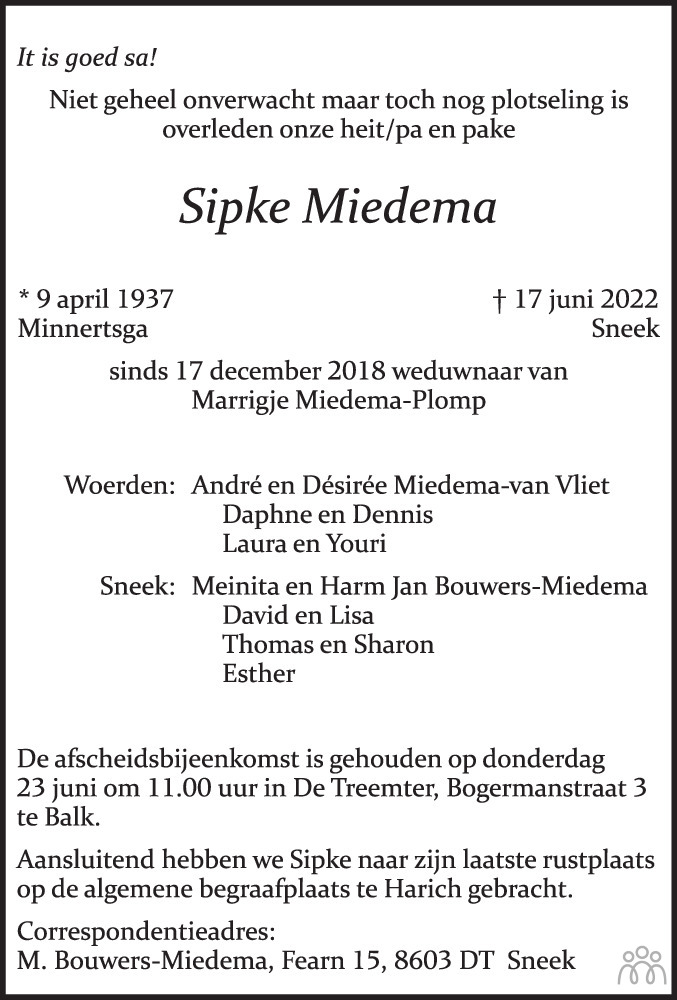 Overlijdensbericht van Sipke Miedema in Sneeker Nieuwsblad