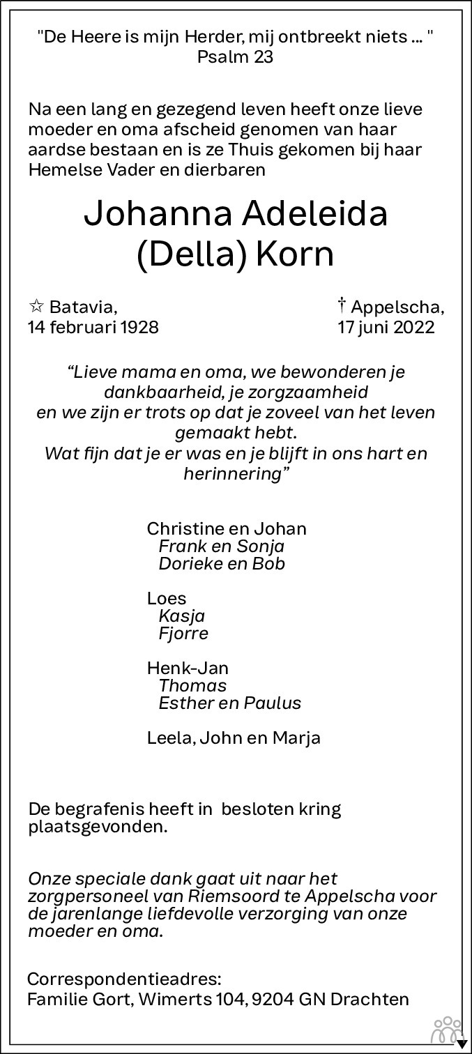 Overlijdensbericht van Johanna Adeleida (Della) Korn in Nieuwe Ooststellingwerver