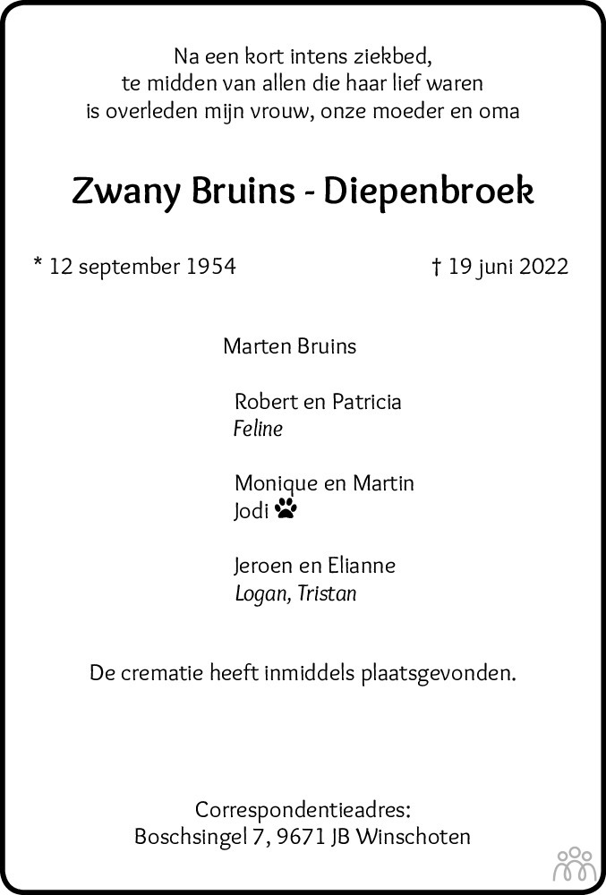 Overlijdensbericht van Zwany Bruins-Diepenbroek in Heerenveense Courant