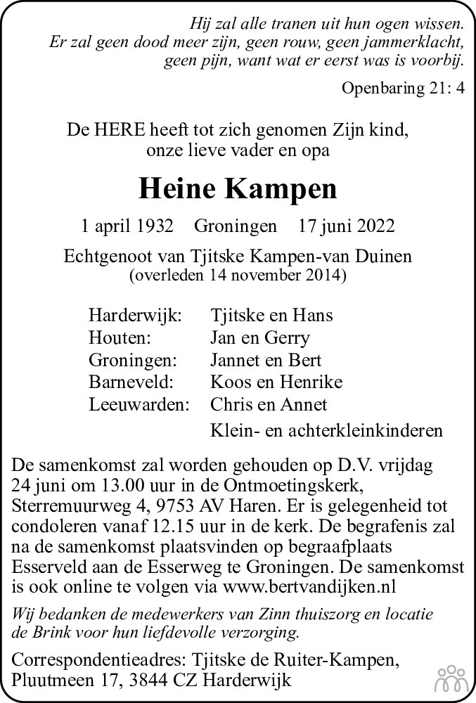 Overlijdensbericht van Heine Kampen in Dagblad van het Noorden