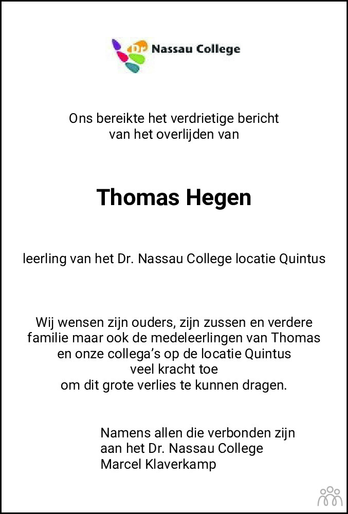 Overlijdensbericht van Thomas Hendrik Hegen in Dagblad van het Noorden