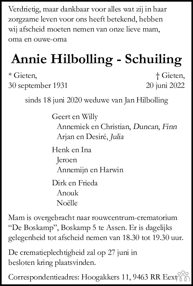 Overlijdensbericht van Annie Hilbolling-Schuiling in Dagblad van het Noorden