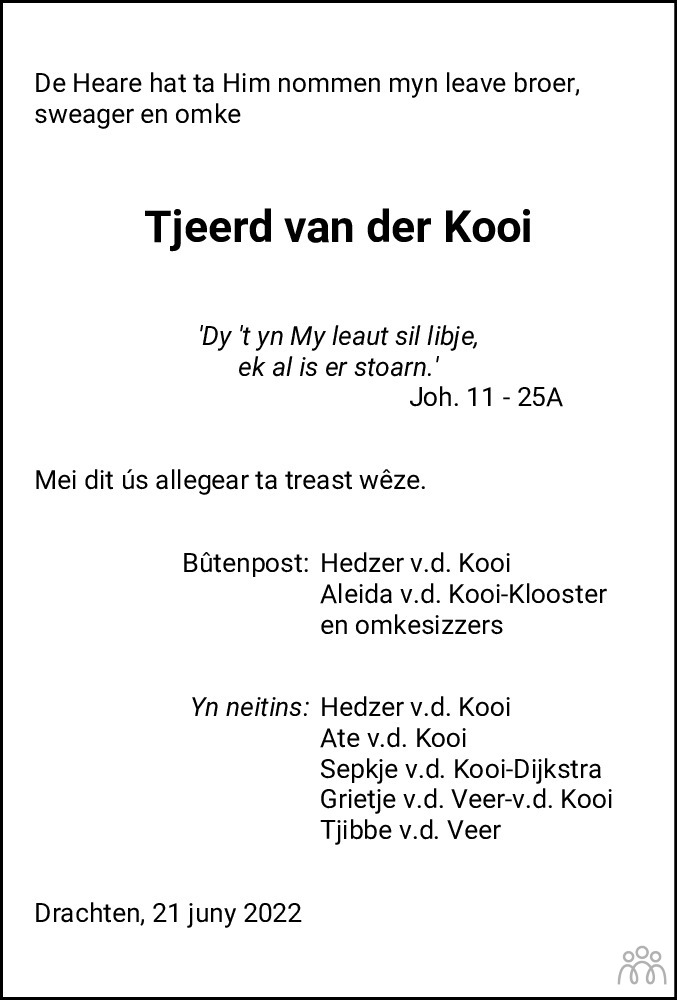 Overlijdensbericht van Tjeerd van der Kooi in Friesch Dagblad
