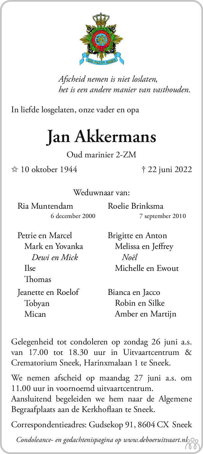 Overlijdensbericht van Jan Akkermans in Leeuwarder Courant