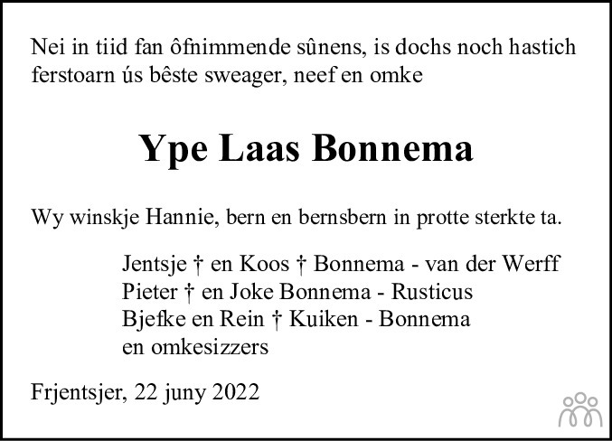 Overlijdensbericht van Ype Laas Bonnema in Leeuwarder Courant