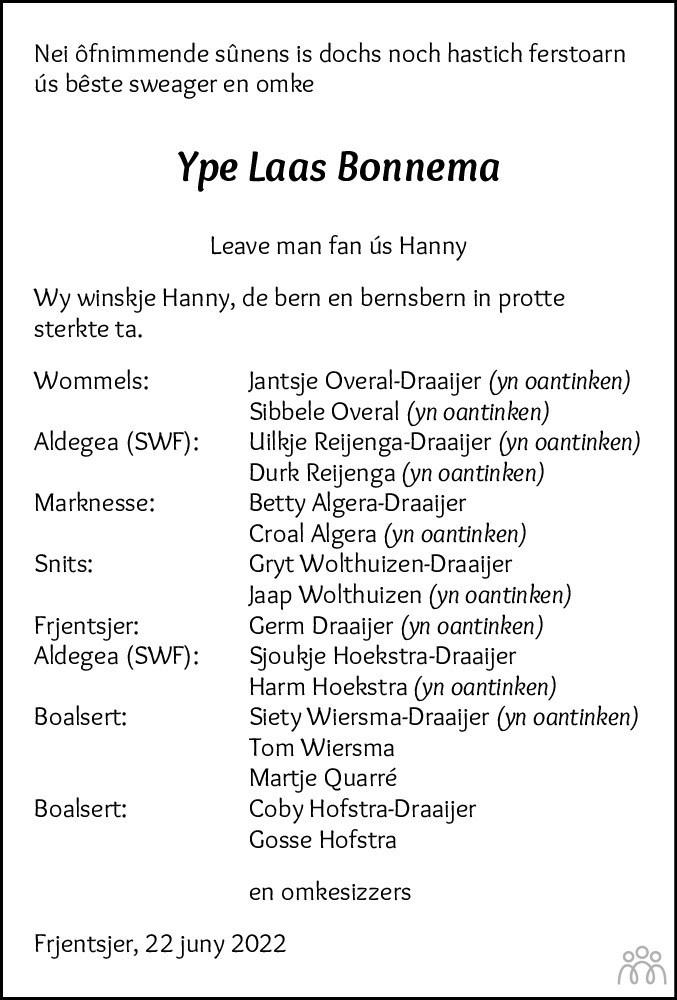 Overlijdensbericht van Ype Laas Bonnema in Leeuwarder Courant