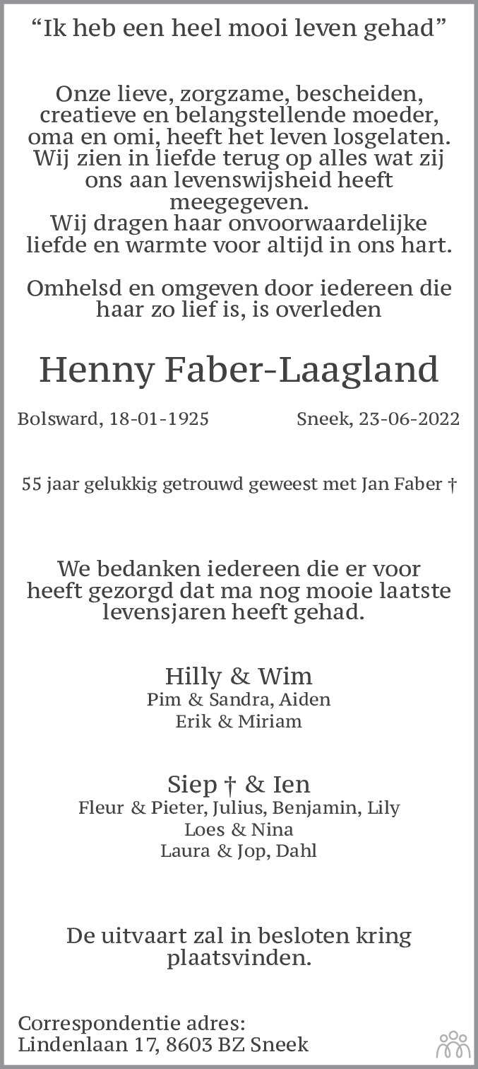 Overlijdensbericht van Henny Faber-Laagland in Leeuwarder Courant
