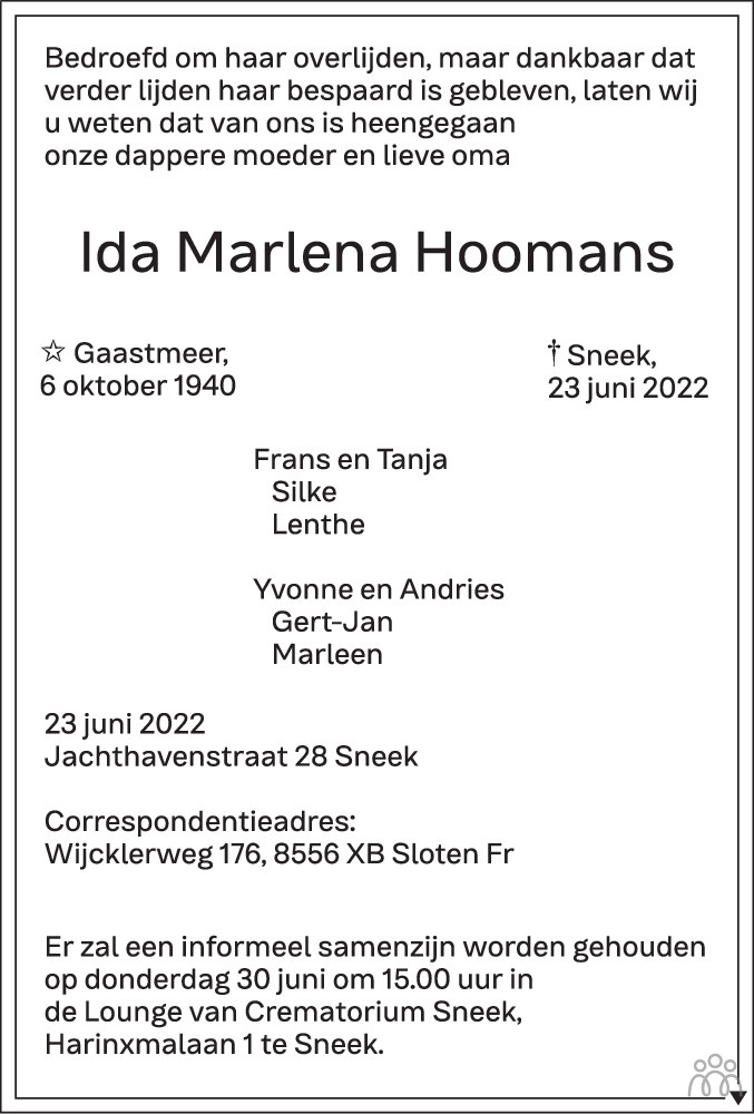 Overlijdensbericht van Ida Marlena Hoomans in Leeuwarder Courant