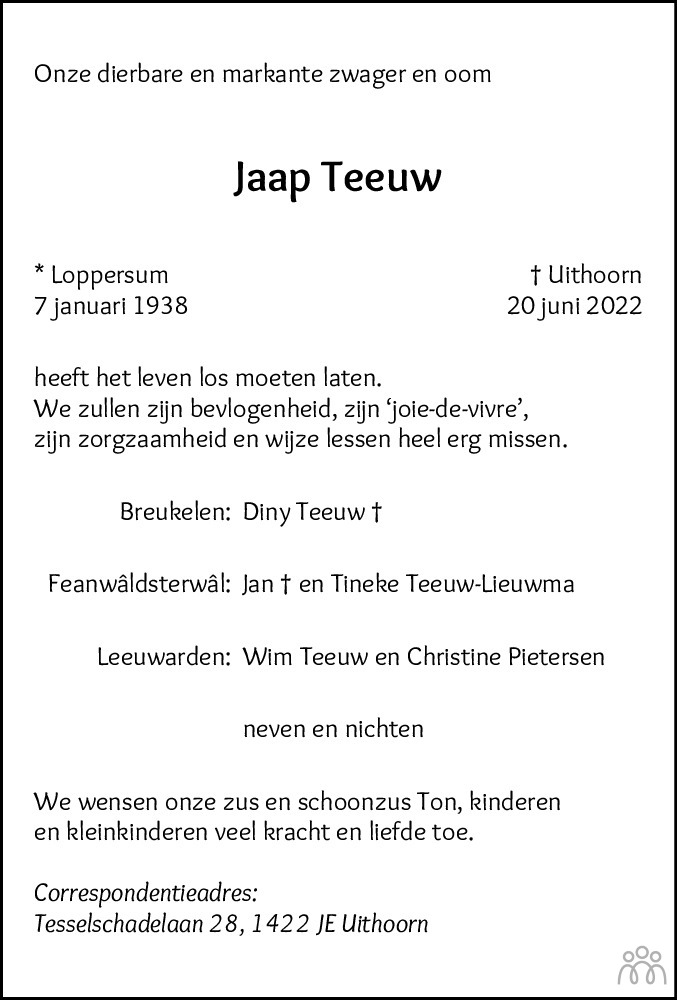 Overlijdensbericht van Jaap Teeuw in Leeuwarder Courant