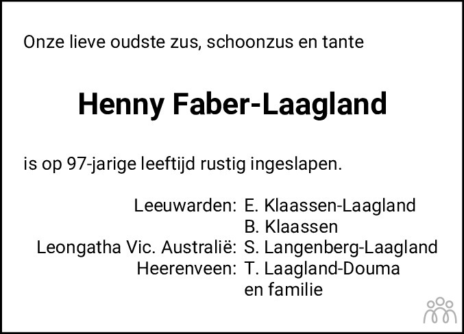 Overlijdensbericht van Henny Faber-Laagland in Leeuwarder Courant