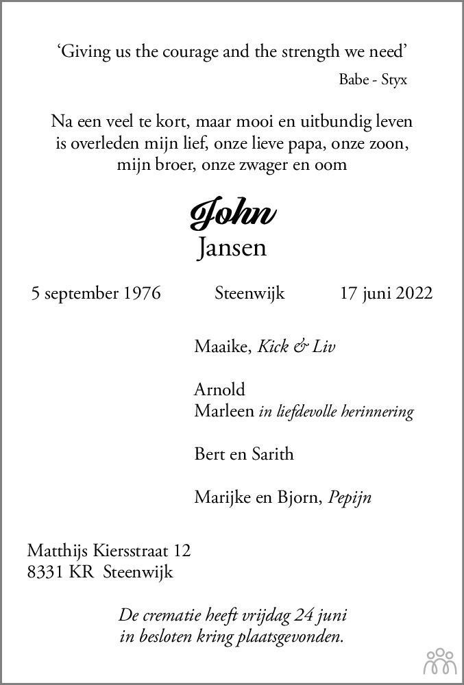 Overlijdensbericht van John Jansen in Steenwijker Courant