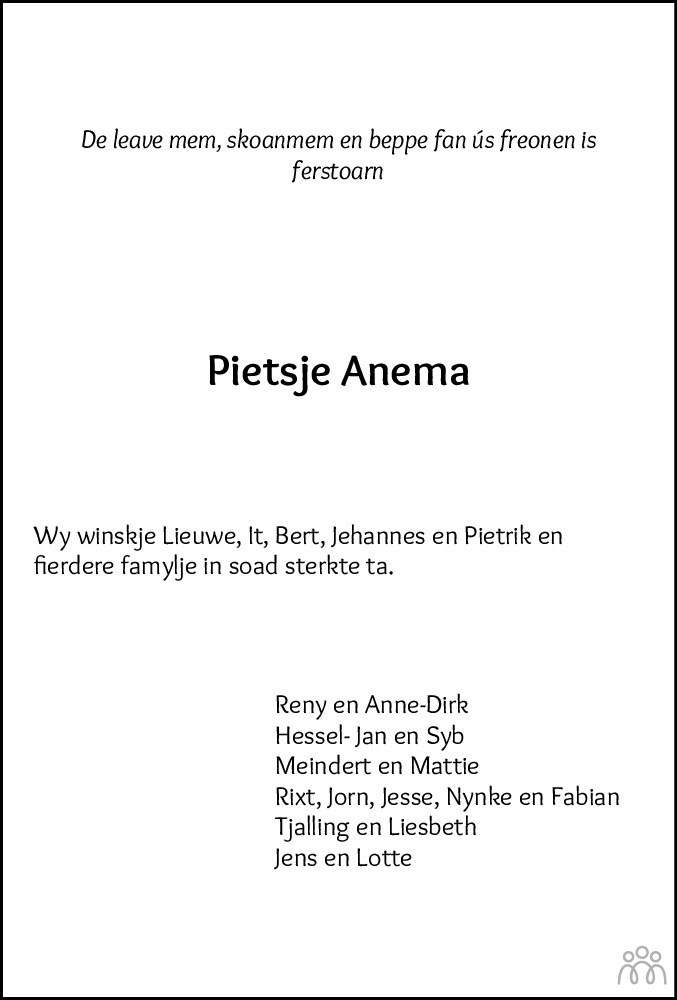 Overlijdensbericht van Pietsje  Anema-Anema in Leeuwarder Courant