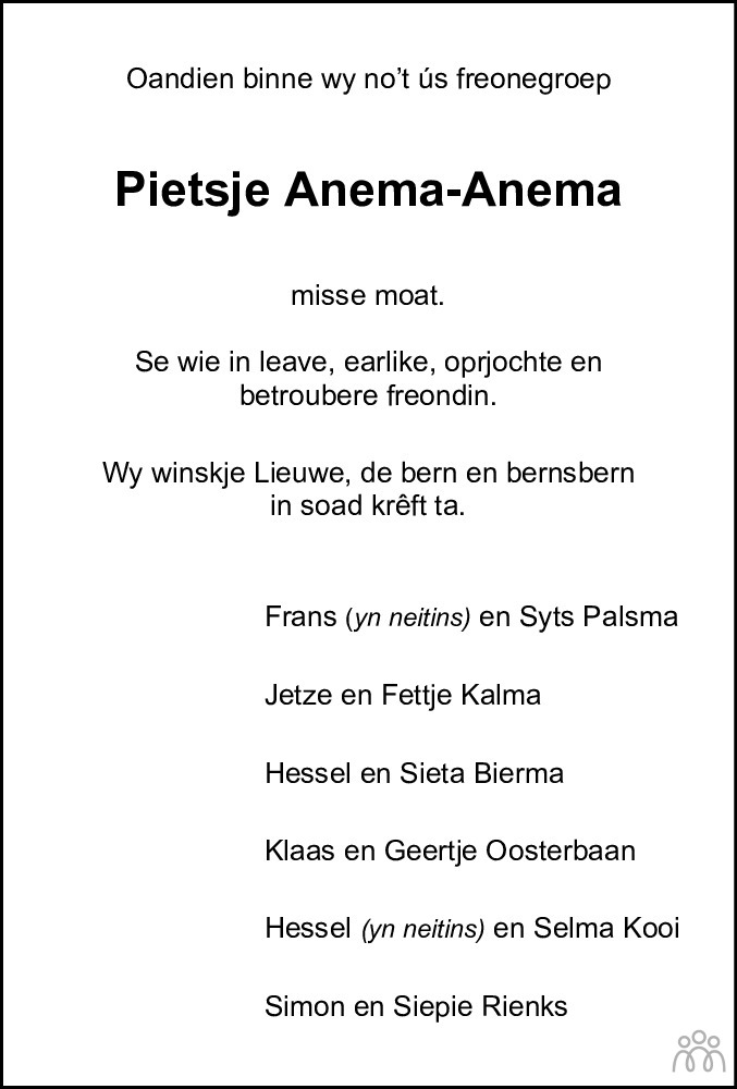 Overlijdensbericht van Pietsje Anema-Anema in Leeuwarder Courant