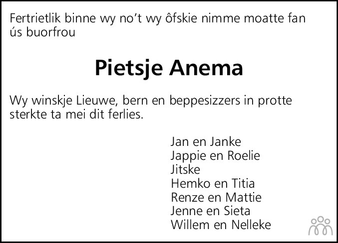 Overlijdensbericht van Pietsje Anema-Anema in Leeuwarder Courant