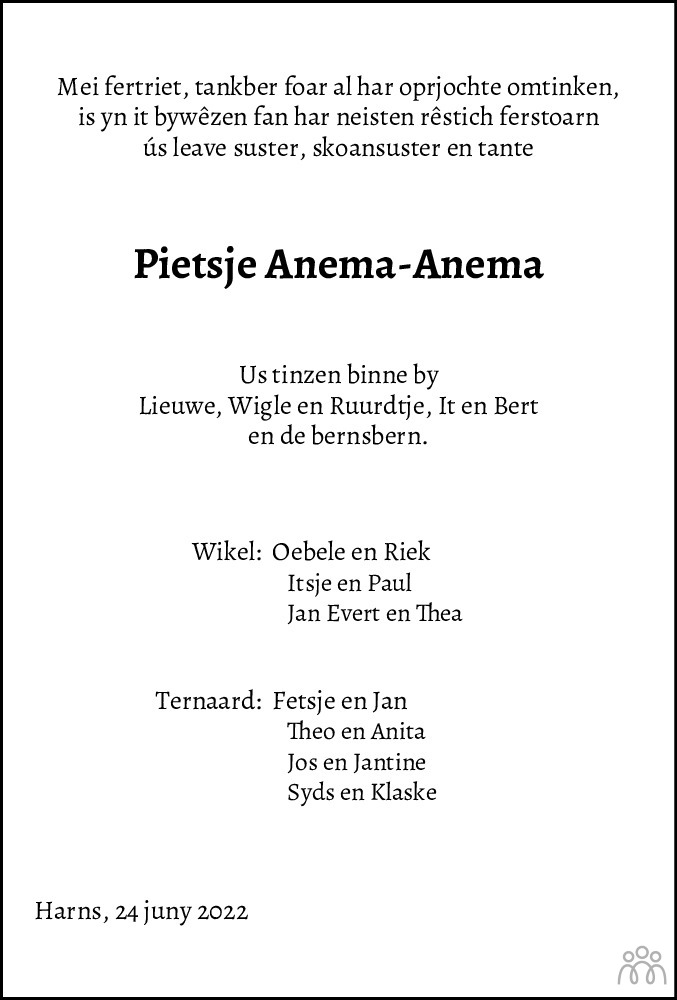 Overlijdensbericht van Pietsje  Anema-Anema in Leeuwarder Courant