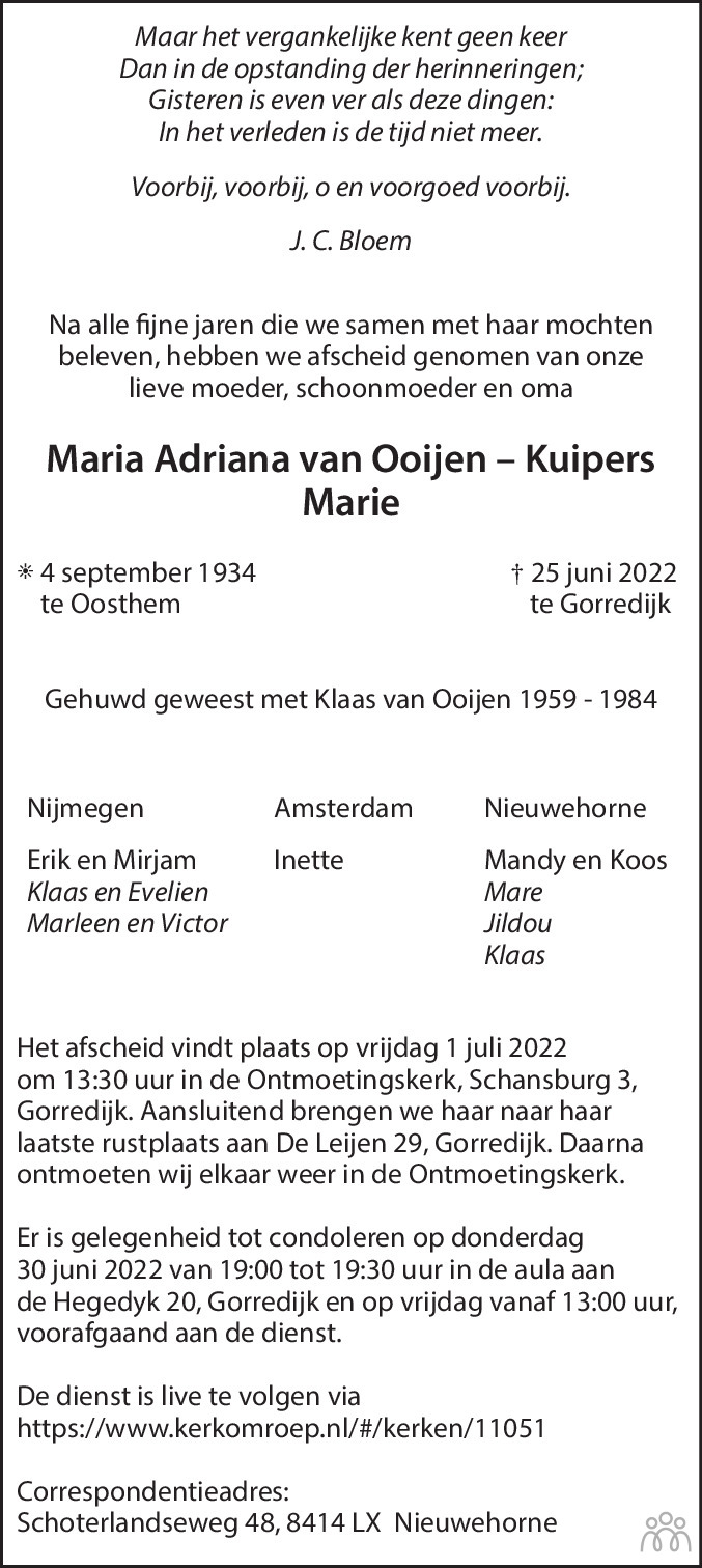 Overlijdensbericht van Maria Adriana (Marie) van Ooijen-Kuipers in Leeuwarder Courant