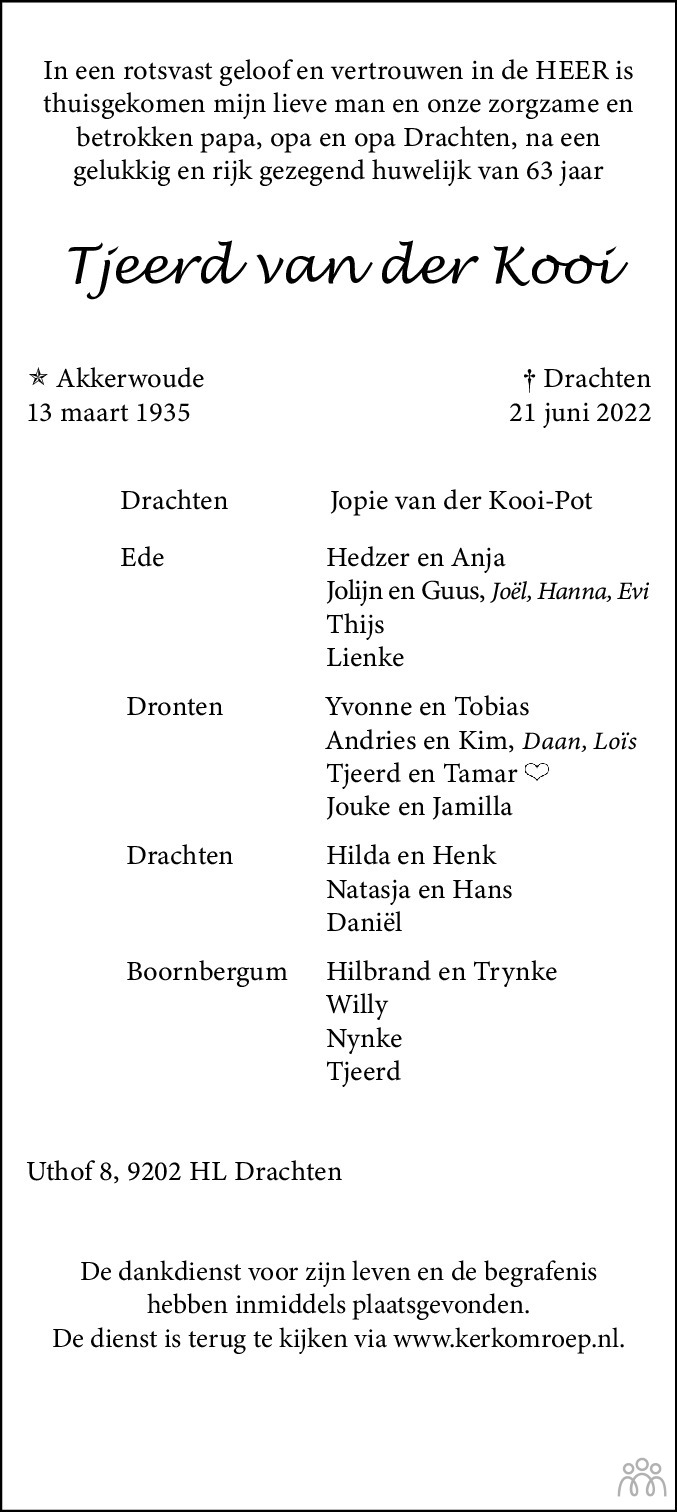 Overlijdensbericht van Tjeerd van der Kooi in Dockumer Courant