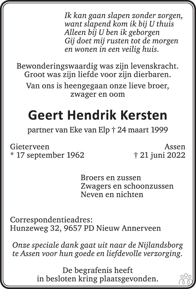 Geert Hendrik Kersten 21-06-2022 overlijdensbericht en condoleances ...