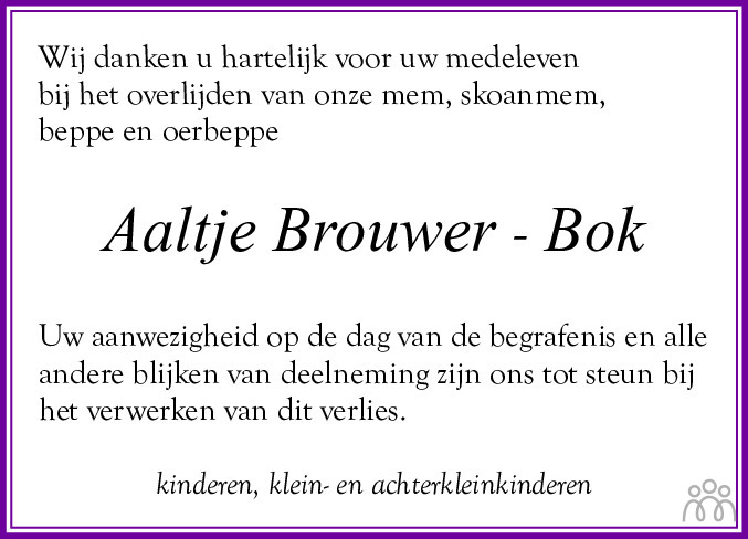 Overlijdensbericht van Aaltje Brouwer-Bok in Leeuwarder Courant