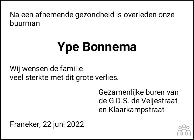 Overlijdensbericht van Ype Laas Bonnema in Franeker Courant