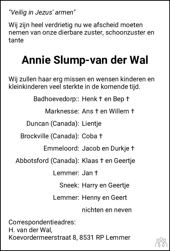 Overlijdensbericht van Annegiena (Annie) Slump-van der Wal in Leeuwarder Courant