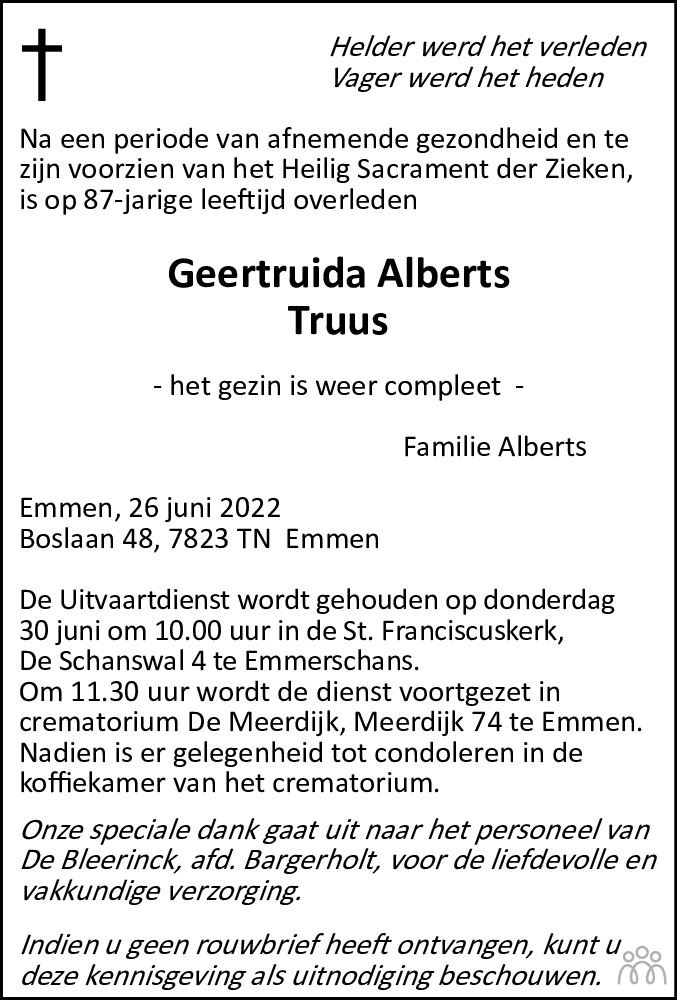 Overlijdensbericht van Geertruida (Truus) Alberts in Dagblad van het Noorden