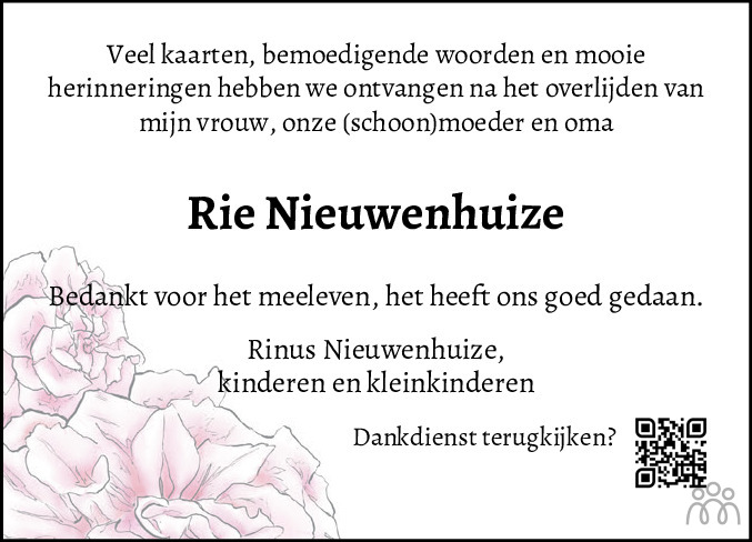 Overlijdensbericht van Rie Nieuwenhuize-de Muijnck in Flevopost Dronten