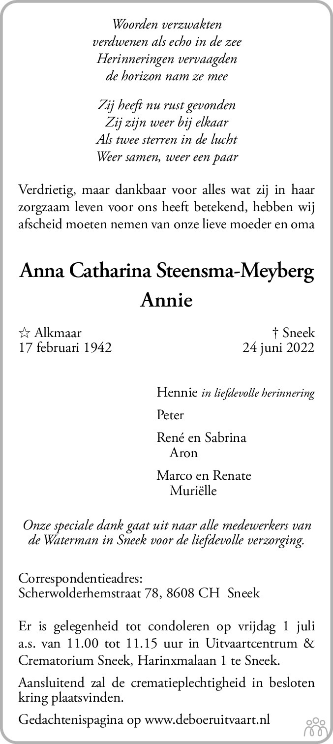Overlijdensbericht van Anna Catharina Steensma-Meyberg in Leeuwarder Courant