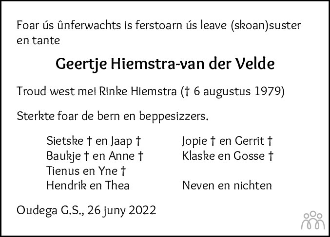 Overlijdensbericht van Geertje Hiemstra-van der Velde in Leeuwarder Courant