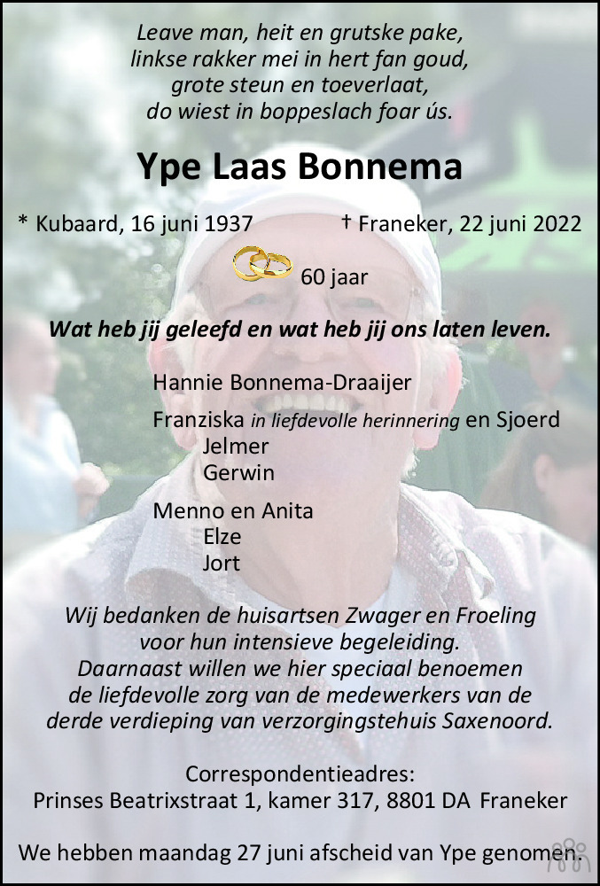 Overlijdensbericht van Ype Laas Bonnema in Bolswards Nieuwsblad