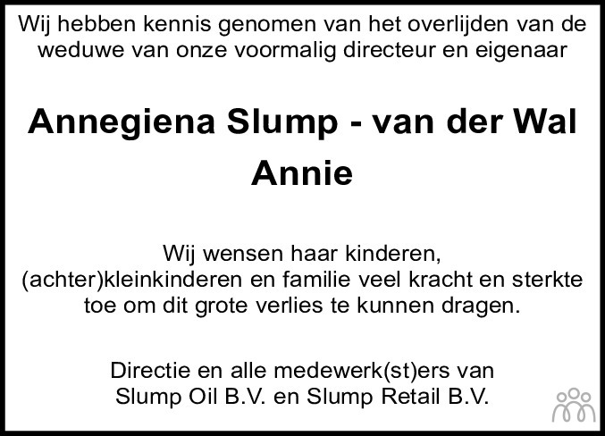 Overlijdensbericht van Annegiena (Annie) Slump-van der Wal in Jouster Courant Zuid Friesland