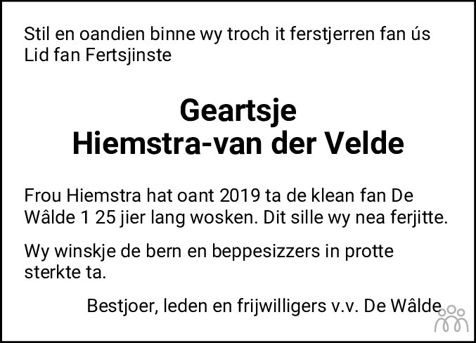 Overlijdensbericht van Geertje Hiemstra-van der Velde in Balkster Courant HAH