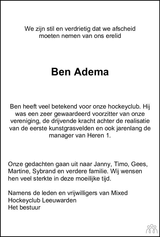 Overlijdensbericht van Ben  Adema in Leeuwarder Courant