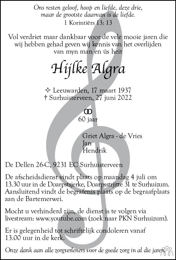 Overlijdensbericht van Hijlke Algra in Friesch Dagblad