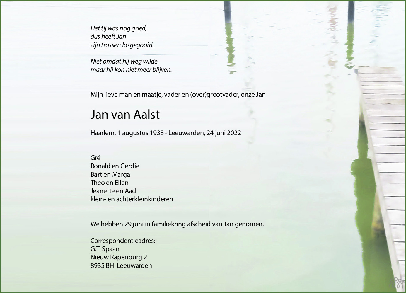 Overlijdensbericht van Jan van Aalst in Leeuwarder Courant