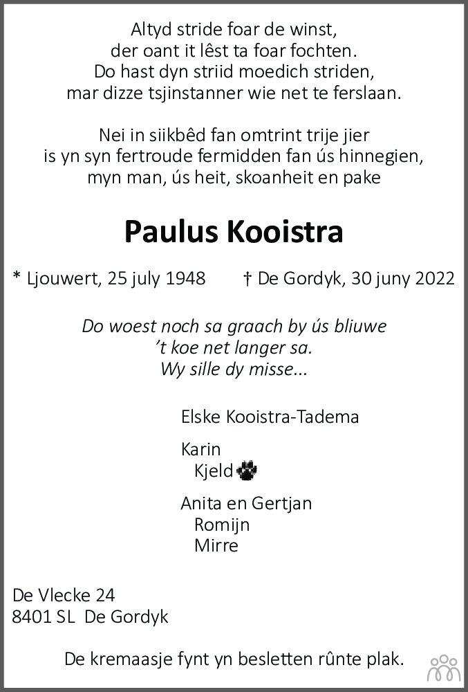 Overlijdensbericht van Paulus Kooistra in Leeuwarder Courant